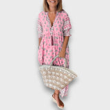 Boho Suknelė su 3/4 Rankovėmis ir Kaklo Iškirpte su Virvutėmis