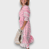 Boho Suknelė su 3/4 Rankovėmis ir Kaklo Iškirpte su Virvutėmis